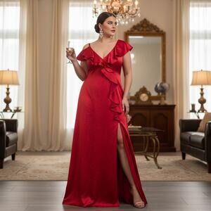 Donna Karan Women’s Size 14 Red Strapless Asymmetrical Ruffle Gown NWT